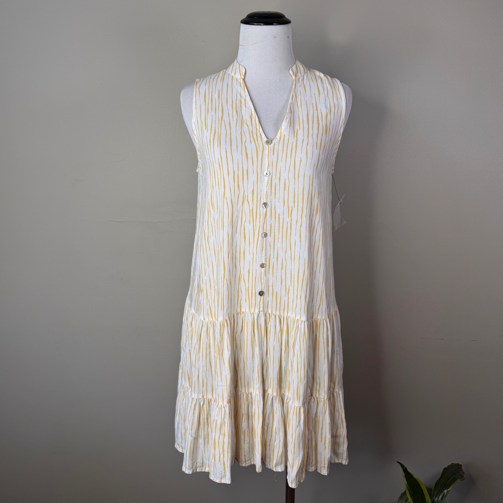 New Nine West Size Xs Shift Dress Sleeveless White Yellow Ruffle Tiered Stiped